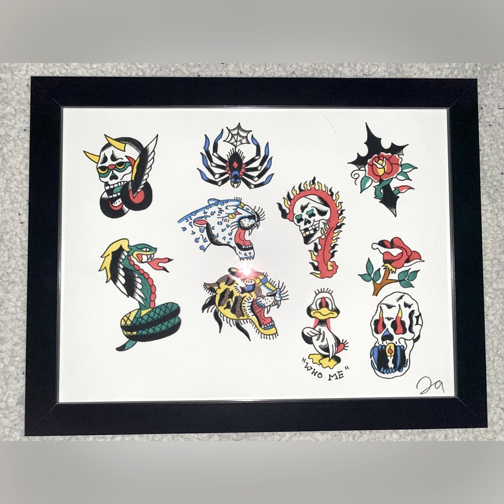Framed hand painted tattoo flash 9x12 wall hanging/painting